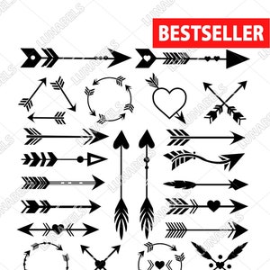 Op de afbeelding: Een set van 20 zwart-witte pijl- en hartgrafische ontwerpelementen. De pijlen zijn in verschillende stijlen, waaronder recht, gebogen en gevederd. Sommige pijlen hebben harten aan het einde. De set bevat een hartvorm, een cirkel en een kruis.