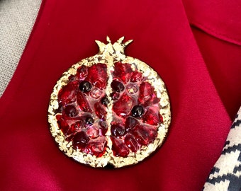 Pomegranate Brooch, Pomegranate Pin, Fruit Jewelry, Wooden Brooch, Resin Brooch, Glass Beads, Hand Painted Brooch, Nikova Brooch