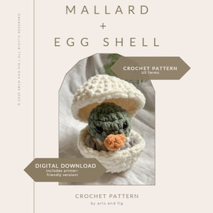 May include: Crochet pattern for a mallard duck in an eggshell. The duck is green and has a small orange beak. The eggshell is white and has a textured surface. The pattern is written in US terms.