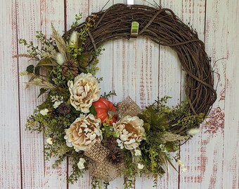 Fall Pumpkin and peony wreath/Autumn Door Wreath