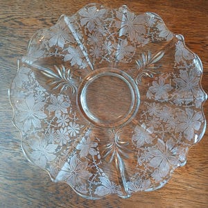 Fostoria Baroque Torte Cake Plate Low Pedestal Floral Etched Clear dessert #TSB