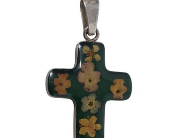 Handmade Sterling Silver Cross Pendant Real Pressed Flowers In Resin 1.5/8" #G-4