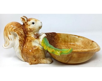 Squirrel Nut Bowl Dish Hand Painted Pier1 Ceramic Brown & White W/ Leaf #SB