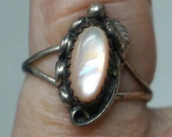Sterling Silver Oval Pink Mother of Pearl Ring, Leaf Accent, Size 6  #RB-6