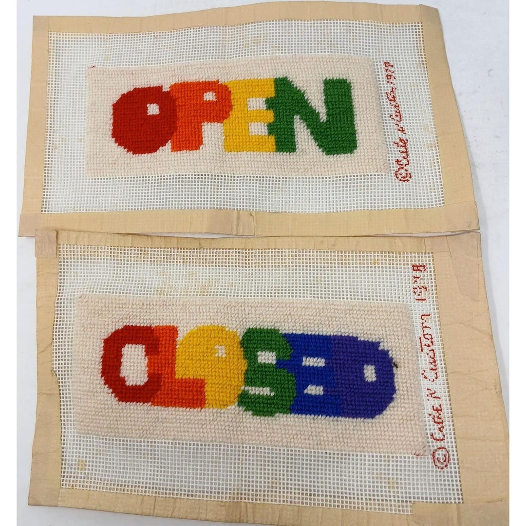 Vintage 1978 Handmade Open & Closed Sign Set Rainbow Needlepoint 7.5 X ...