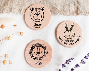 Magnet / wooden disc with cute animal motif and dates of birth + FREE TASK SCHEDULE - 5 cm