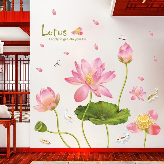 Modern Pink Lotus Flower Wall Stickers Green Leaves for Living Etsy