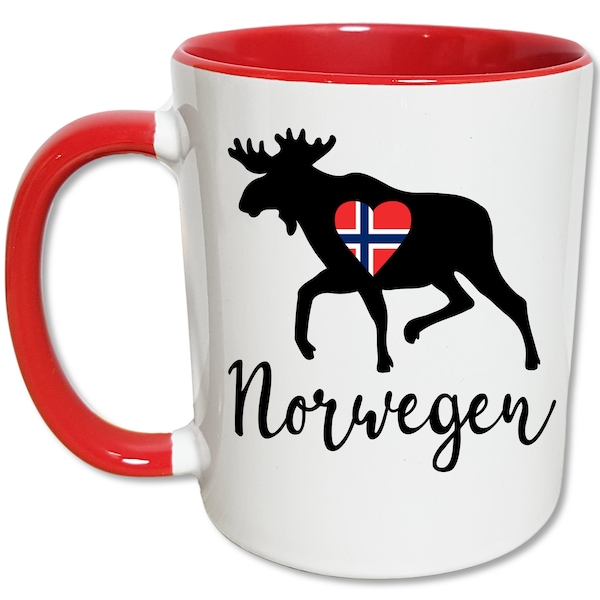 Norwegen Tasse Elch, Norwegen Geschenke, Herz mit norwegischer Flagge, Skandinavien Urlaub, Norwegen Liebe, Kaffeetasse, Teetasse, Keramik