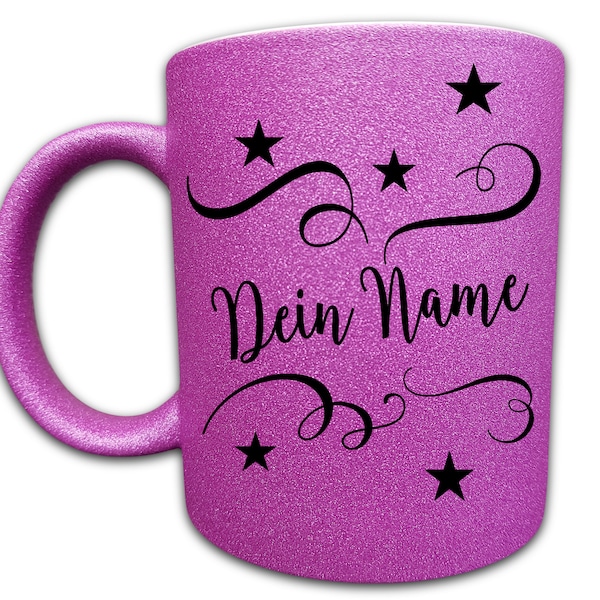 Tasse mit Namen Mädchen, Glitzertasse, Mädchen Geschenk, Personalisiert, Weihnachten, Geburtstag, Namenstasse, Sternchen, Schnörkel