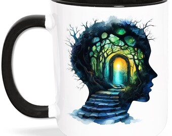 Tasse mit Surrealismus Kunst Digital Art Design, Kopf-Wald-Motiv, Philosophie Psychologie Denken Erkenntnis Fantasie Kreativität Kaffeetasse