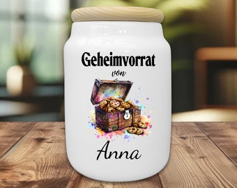 Cookie Dose mit Name und Spruch, Schatztruhe Geheimvorrat Keksdose aus Keramik mit Wunschname, bedruckte Dose Kekse Süßigkeiten Leckerli