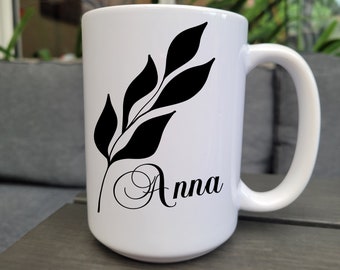 Große Tasse mit Name Personalisiert, große Kaffeetasse 430ml, Kaffeepott, Blatt Motiv, einzigartiges  stilvolles Geschenk Frau Freundin