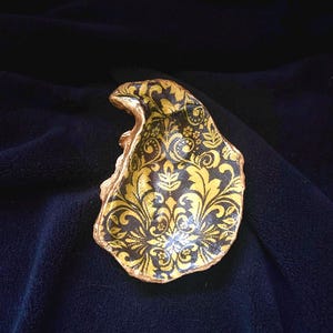 Hand Painted Oyster Shell, Black and Gold Decoupage, Coastal Decor