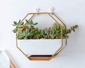 FAST SHIP Wall Mounted Gold Metal Hanging Ceramic Planter With Bamboo Wood Tray Stand Tabletop Container Vase Holder Home Decor Modern
