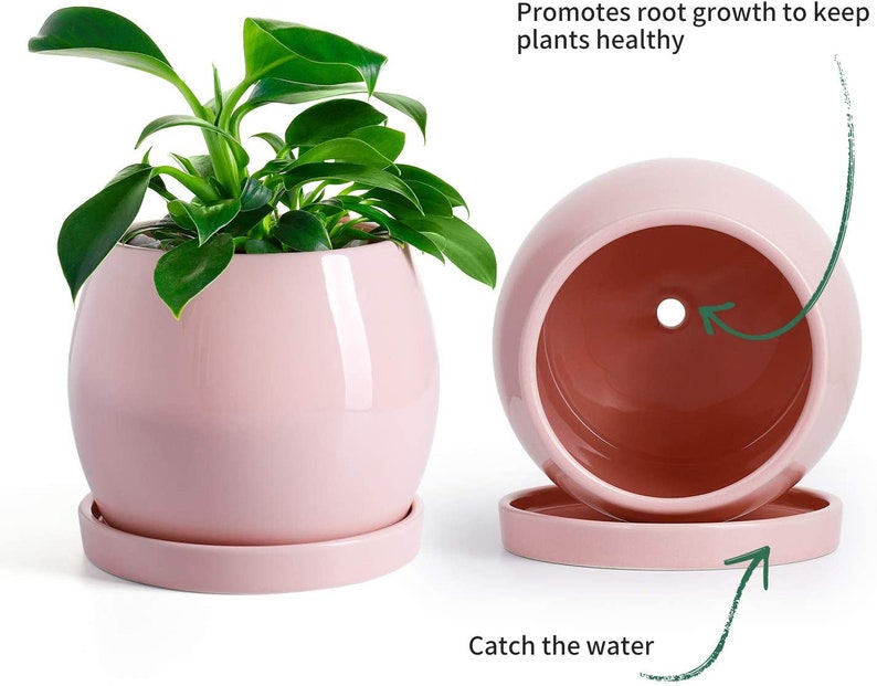 5.1 PINK Ceramic Planter Flower Plant Pot with Tray and Etsy