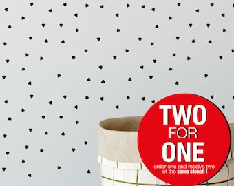 May include: A white background with a repeating pattern of small black triangles. A red circle with the text "TWO FOR ONE" and the text "order one and receive two of the same stencil!" is in the lower right corner of the image.