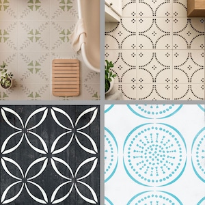 May include: A collage of four different tile designs. The top left features a cream-colored tile with green floral patterns. The top right shows a cream tile with a dotted semi-circle design. The bottom left has a black tile with white overlapping flower shapes. The bottom right has a white tile with blue circular patterns.