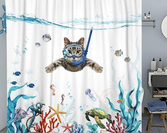 Engraçado mergulho gato cortina de chuveiro mar oceano tecido à prova dwaterproof água cortinas de chuveiro para decoração do banheiro animal peixe tartaruga estrela do mar cortina de banheiro