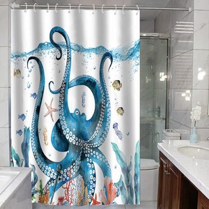 Blue Octopus Shower Curtain Underwater World Waterproof Fabric Shower Curtains for Bathroom Decor Animal Fish Starfish Bathroom Curtain