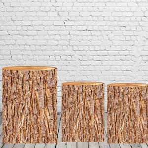 Round Cylinder Plinth Covers Background Elastic Fabric Polyester Customize Wood Bark Texture dessert table cover
