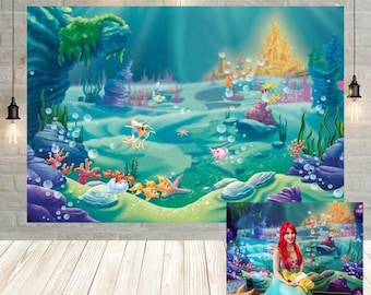 Underwater World Mermaid Theme Photocall Photography Background Girl 1st Birthday Decor Glitters Mermaid Tail Balloon Backdrop Photo Studio