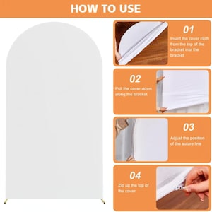 May include: Instructions on how to use a white backdrop stand. The instructions show how to insert the cover cloth from the top of the bracket into the bracket, pull the cover down along the bracket, adjust the position of the suture line, and zip up the top of the cover.