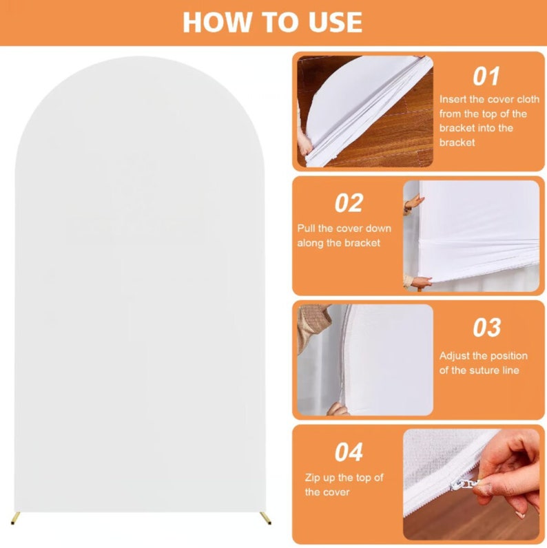 May include: Instructions on how to use a white backdrop stand. The instructions show how to insert the cover cloth from the top of the bracket into the bracket, pull the cover down along the bracket, adjust the position of the suture line, and zip up the top of the cover.
