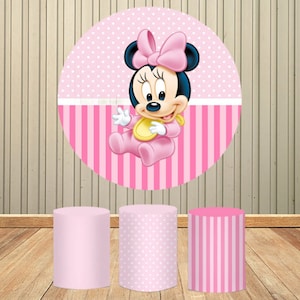 Round Circle Backdrop Baby Minnie Mouse Party Backdrops Minnie Mouse Photo Round Background Party Table Cover Banner Elastic