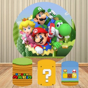 Super Mario Bros Runde Hintergrund Kinder Geburtstag Party Zylinder Abdeckung Dekor Pfirsich Prinzessin Fotografie Hintergrund Elastische Banner