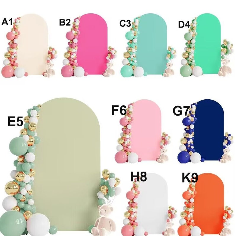 May include: Nine different colored arch backdrops with balloon garlands in pink, white, gold, and green. The backdrops are in cream, pink, mint green, light green, white, navy blue, and orange. Each backdrop has a small teddy bear in front of it.