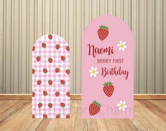 Custom Double-Sided Arch Backdrop Berry First Strawberry Girls Birthday Arch Covers Background Baby Shower Party Decor Backdrop Photo
