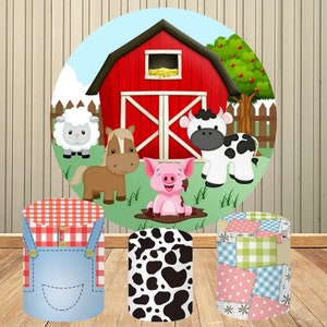 Fondo redondo con temática de granja de animales de dibujos animados, cubierta de cerdo, caballo, vaca, cuadros rojos y blancos, cubiertas de plinto de fondo para fiesta de 1er cumpleaños para niños