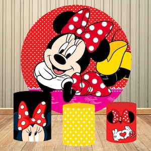 Fondo redondo de Minnie Mouse de Disney, fondo para cumpleaños de niños, decoración de cubierta cilíndrica redonda para primer cumpleaños de niñas, fotomatón para sesión fotográfica