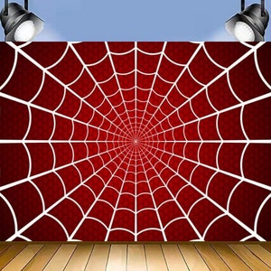 Fondo de cumpleaños con temática de héroes de dibujos animados para niño, telaraña blanca, fondo rojo para fiesta de Cosplay, telón de fondo de fotografía de vinilo