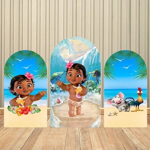 Zomer Strand Hawaii Thema Prinses Moana Dubbelzijdig Boog Cover Achtergrond Muur voor Kinderen Baby Shower Verjaardagsfeestje Decor Foto achtergrond: