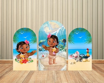 Summer Beach Hawaii Theme Princess Moana Double-Sided Arch Cover Backdrop Wall for Kids Baby Shower Birthday Party Decor Photo Background
