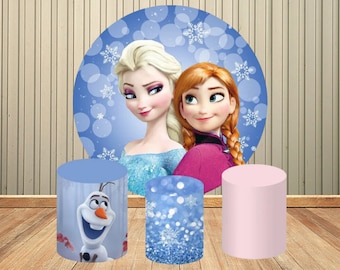 Disney Frozen Anna Elsa Princess Birthday Round Circle Backdrops Baby Shower Party Backdrops Supplies Cylinder Covers Elastic