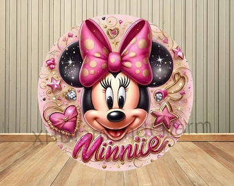 Disney Cartoon Minnie Round Backdrop Mickey Mouse Backdrop Baby Shower Girls Birthday Cartoon Party Decor Background Photo Photographic Prop