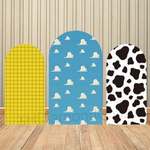 Dessin animé Toy Story arche toile de fond couverture bleu ciel nuages blancs Chiara arche toile de fond murale bébé douche enfants anniversaire arche accessoires décor