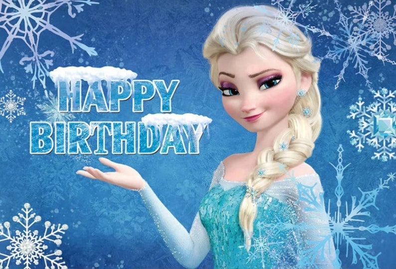 May include: A blue and white birthday card featuring a cartoon image of Elsa from the movie Frozen. The card has the text "Happy Birthday" on it.