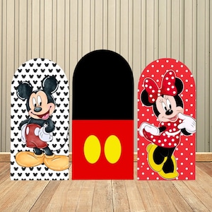 Sfondo ad arco con motivo a cartoni animati di Topolino per la decorazione della festa di compleanno dei bambini, sfondo a parete con arco a pois rossi di Minnie Mouse