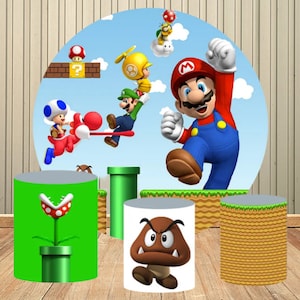 Super Mario Bros Round Backdrop Kids Birthday Party Cylinder Cover Decor Peach Princess Photography Background Elastic Banner