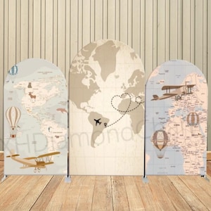 Abenteuer Arch Backdrop Cover Heißluftballon Flugzeug-Babyparty-Geburtstags-Party Chiara Wall Panels Travel Map Spandex Fabric