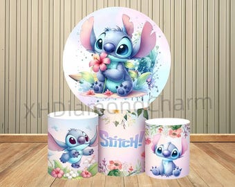 Fondo de círculo redondo con dibujos de Stitch y ángel para revelar el género de niño o niña, pancarta para baby shower, decoración para mesa de pastel
