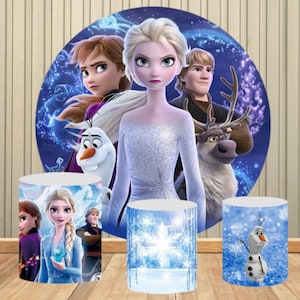 Frozen Princess Round Backdrop Princess Elsa Anna Fabric Elastic Cylinders Covers Photo Background Birthday Party Plinth Cover
