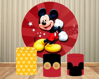 Fondo de círculo redondo para fiesta de bienvenida de bebé de Mickey Mouse rojo personalizado Disney niños fondo de fiesta de cumpleaños decoración de eventos