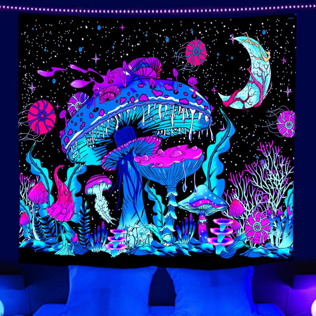 Blacklight Mushroom Moon Tapestry,uv Reactive Trippy Neon Tapestry Glow ...