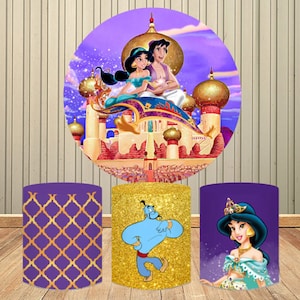 Princess Jasmine Round Backdrop Cover Gold Glitter Purple Turquoise Girls Birthday Party Circle Backgrounds Table Covers