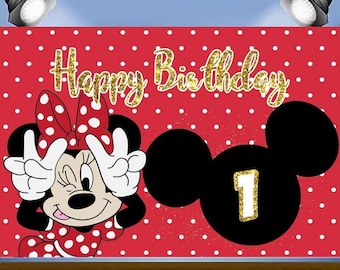 Telón de fondo de Mickey Mouse, fondo de tema de Minnie, 1 año de edad, cartel de fiesta de cumpleaños de bebé, decoración de fotografía