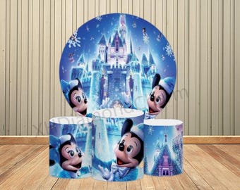 Fondo circular con castillo de Mickey Mouse de Disney, decoración para fiesta de primer cumpleaños de niños, fondo con cubierta cilíndrica personalizada de Mickey Mouse azul